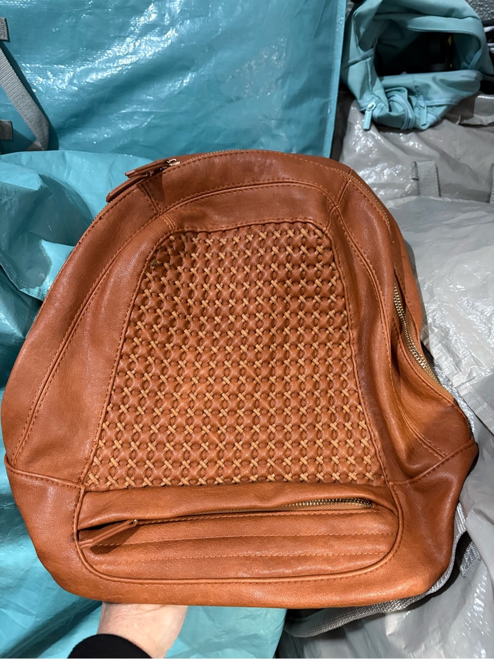 Classic Woven Front Tan Leather Backpack